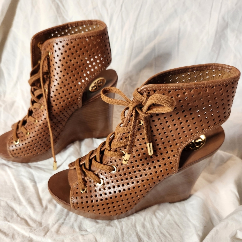 Tory Burch cutout leather platform wedge booties. Size 6 1/2
